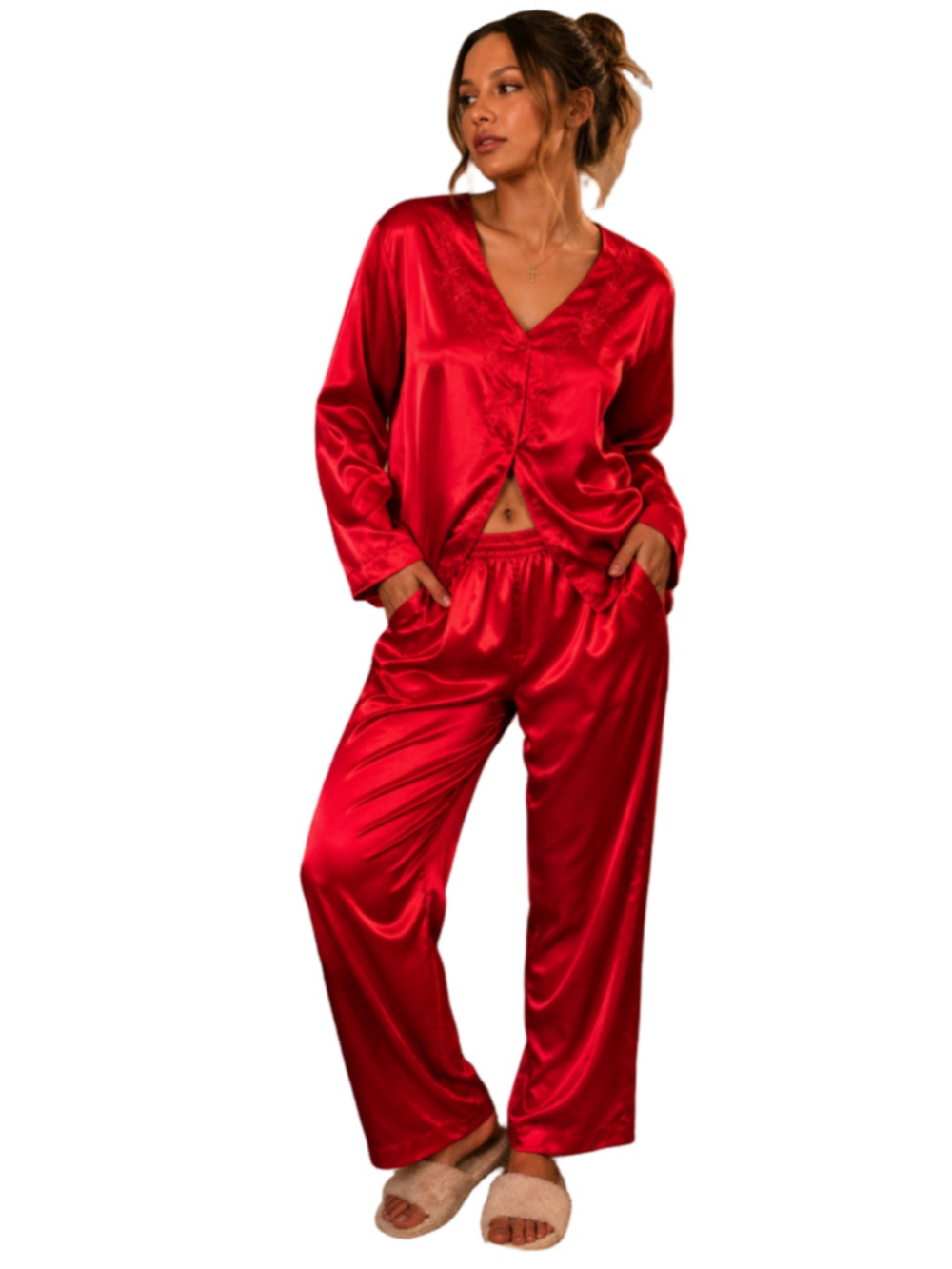 Vintage 90s Inner Most Sears Satin Pajama Set Red Embroidered Loungewear Size L